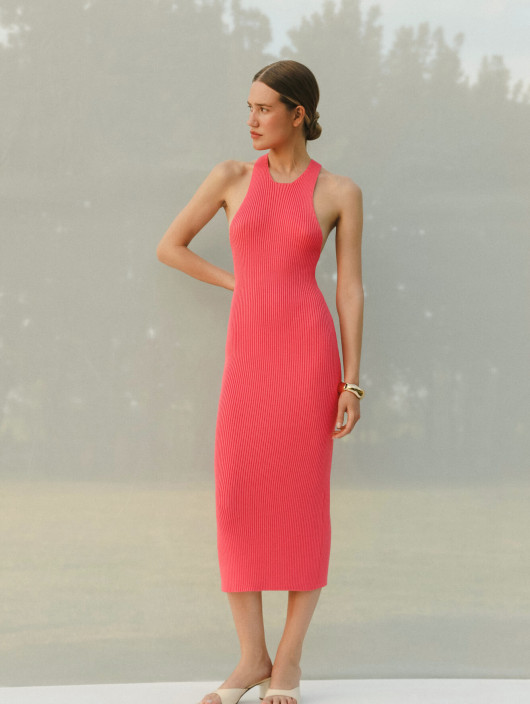 Midi dress with bare shoulders Mojito coral